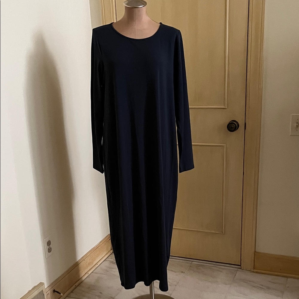 EILEEN FISHER Minimalist Stretch Jersey Knit Scoop L. SLV Lagenlook Grey Maxi L